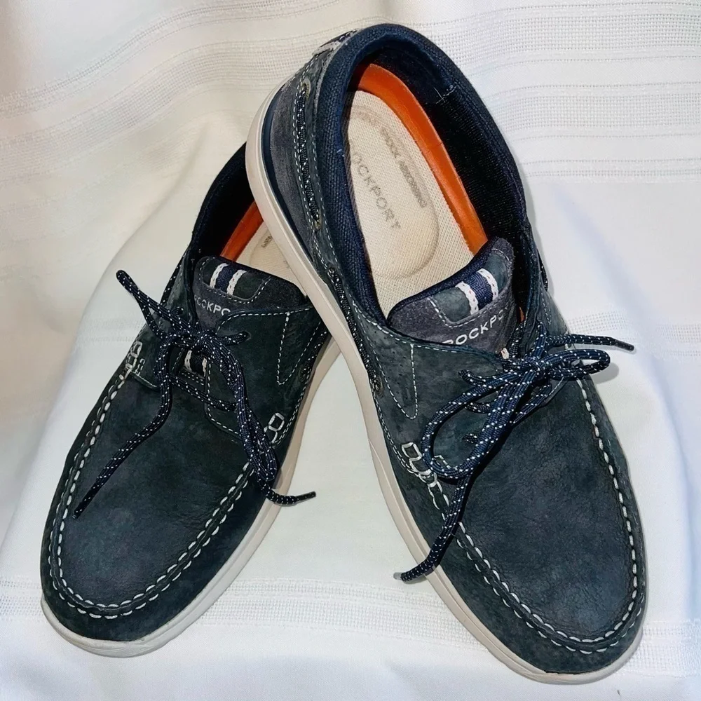 Men’s Rockport Boat Shoes‎ Blue Leather Canvas Suede truTECH sz 10 EUC